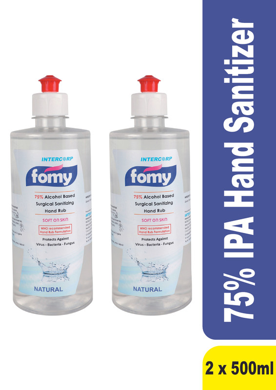 INTERCORP FOMY 75% Isopropyl Alcohol-based Hand Rub Sanitizer and Disinfectant, 500 ml Each (Natural - Pack of 2)