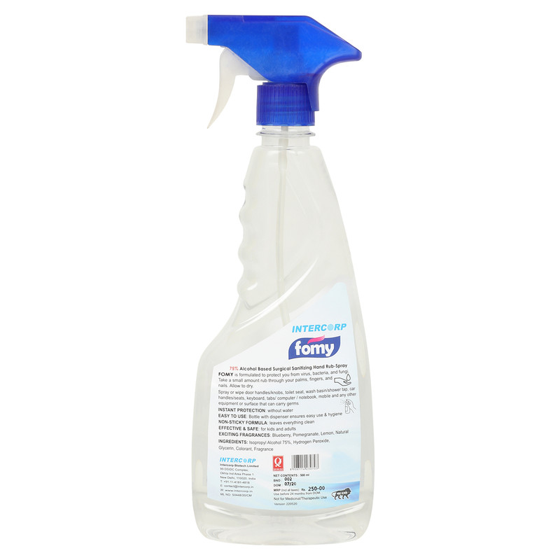 INTERCORP FOMY 75% Isopropyl Alcohol-based Hand Rub Sanitizer and Disinfectant Spray, 500 ml Each (Natural - Pack of 2)