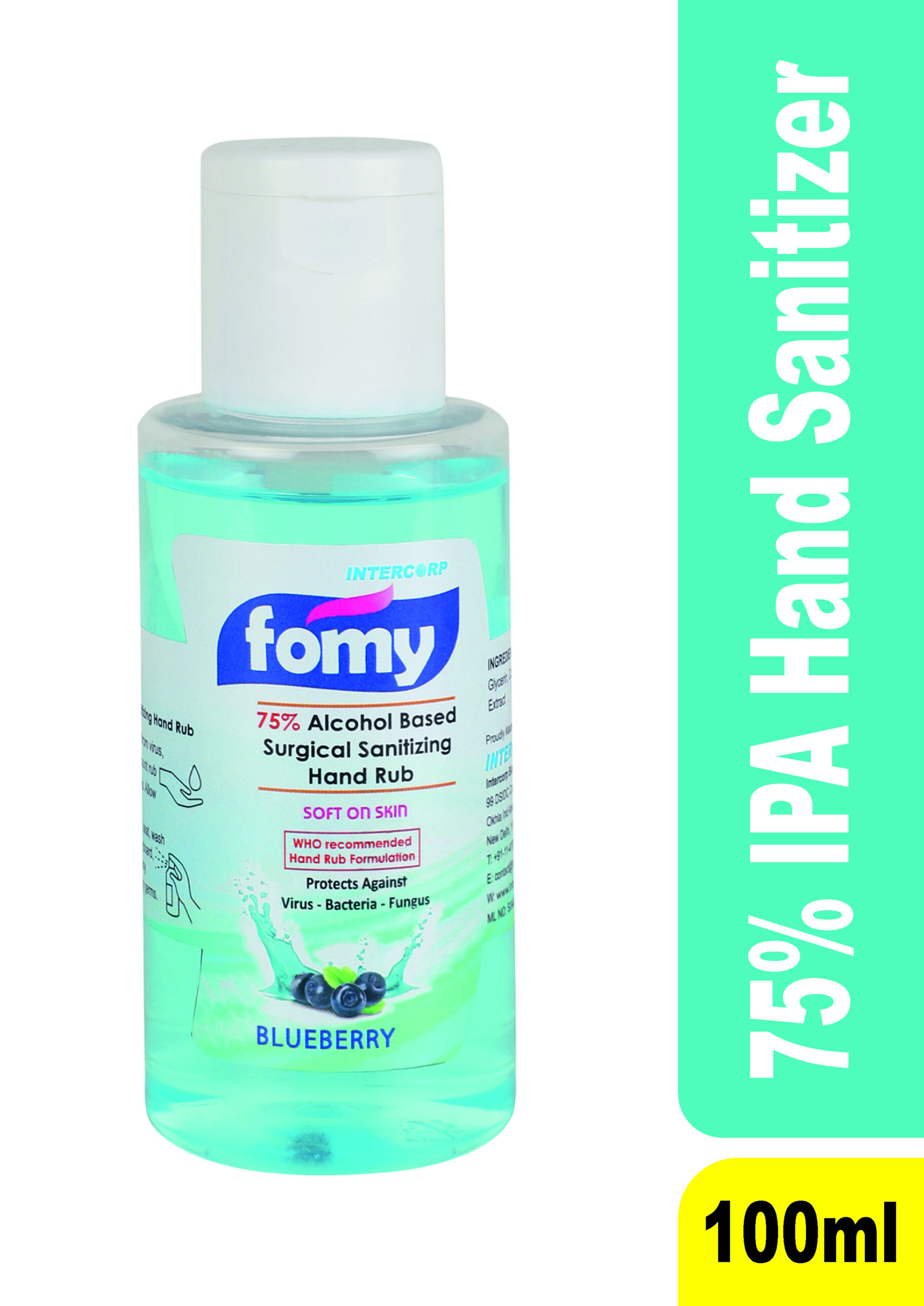 INTERCORP FOMY 75% Isopropyl Alcohol-based Hand Rub Sanitizer and Disinfectant, 100 ml (Blueberry)