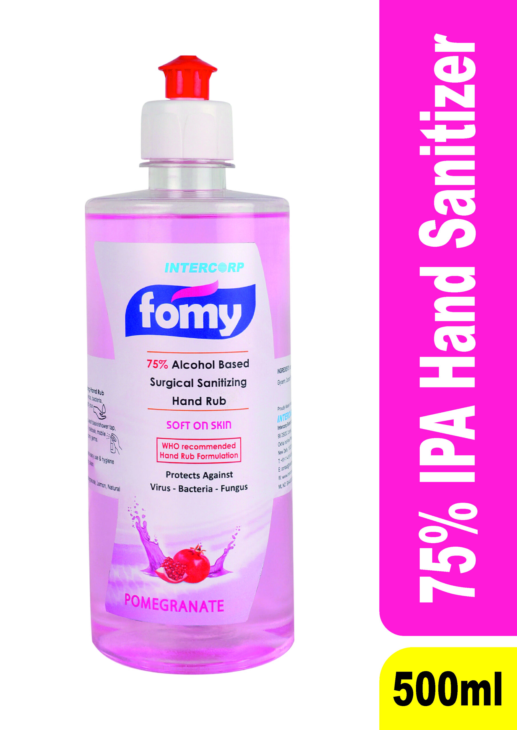 INTERCORP FOMY 75% Isopropyl Alcohol-based Hand Rub Sanitizer and Disinfectant, 500 ml (Pomegranate)