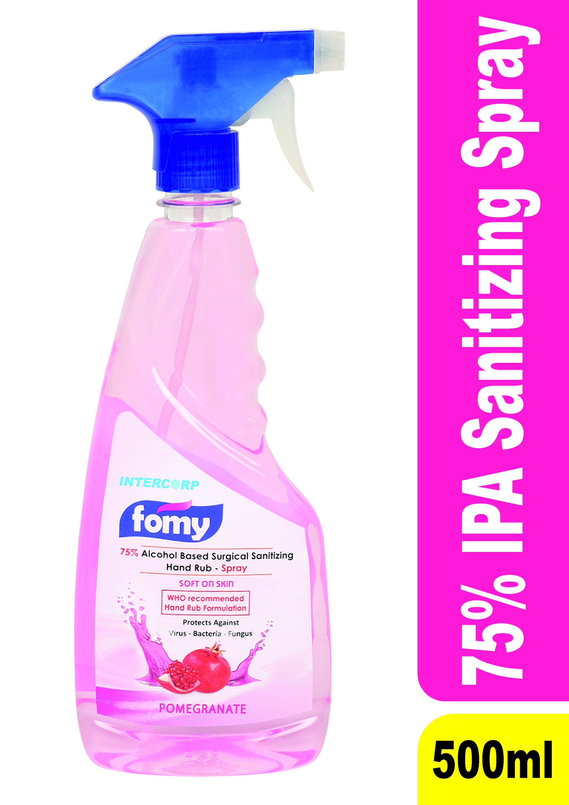 INTERCORP FOMY 75% Isopropyl Alcohol-based Hand Rub Sanitizer and Disinfectant Spray, 500 ml (Pink Pomegranate)