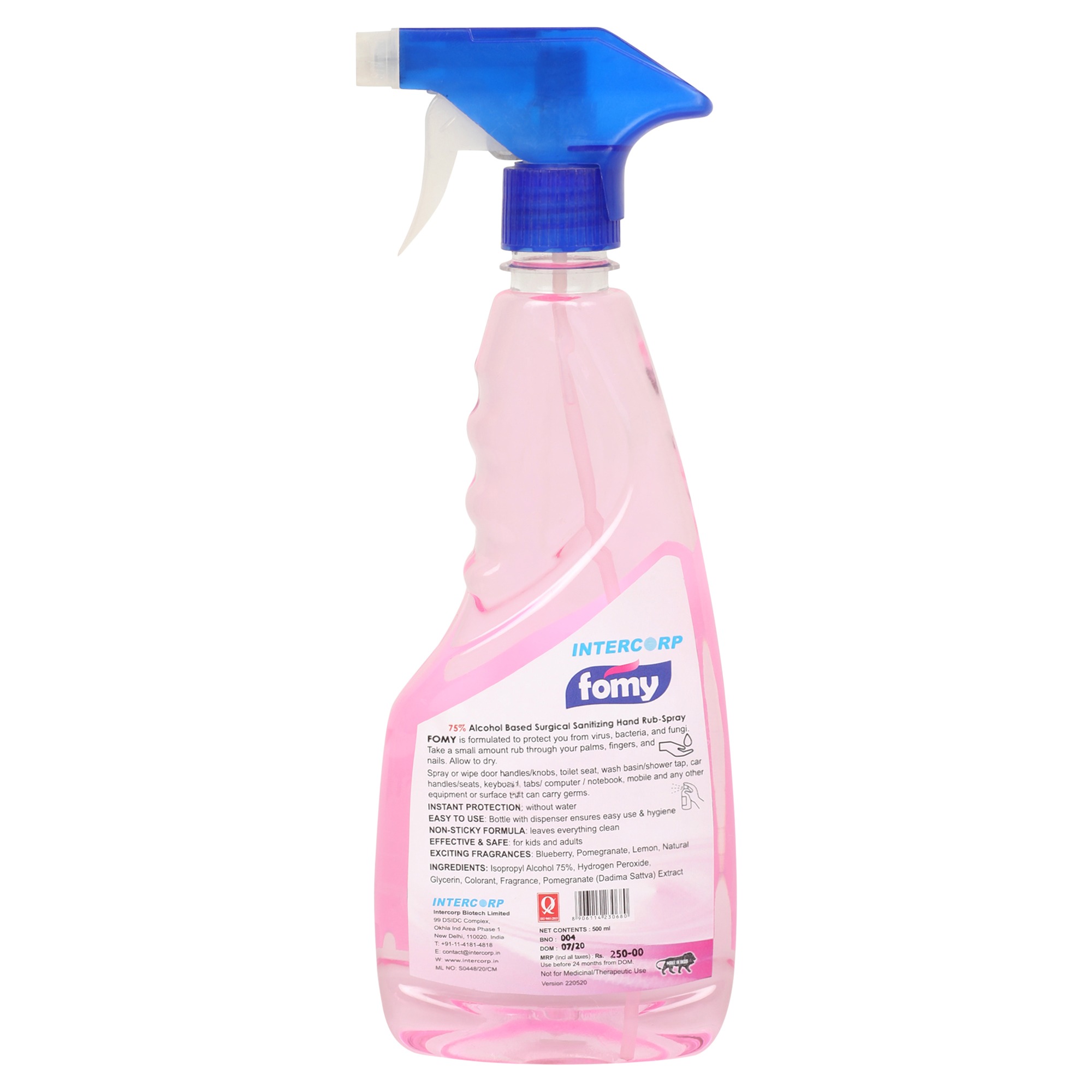 INTERCORP FOMY 75% Isopropyl Alcohol-based Hand Rub Sanitizer and Disinfectant Spray, 500 ml (Pink Pomegranate) Back