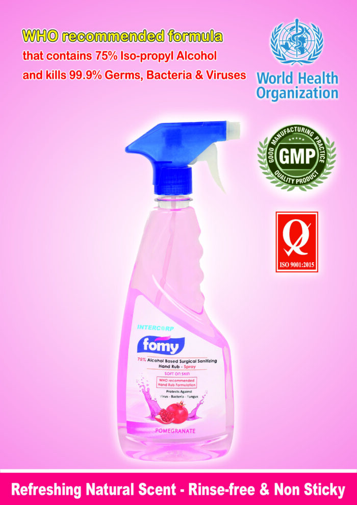 INTERCORP FOMY 75% Isopropyl Alcohol-based Hand Rub Sanitizer and Disinfectant Spray, 500 ml (Pink Pomegranate) Certifications